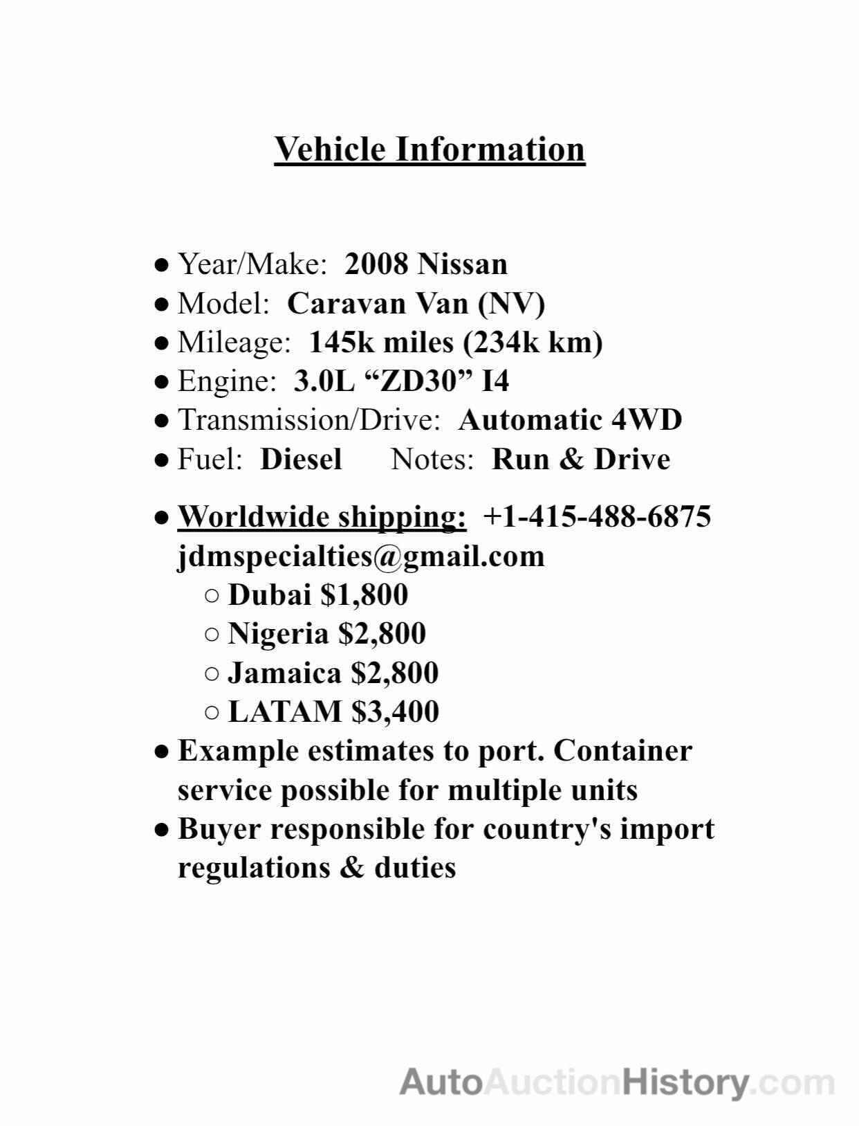 2008 NISSAN NV, VWME25131163