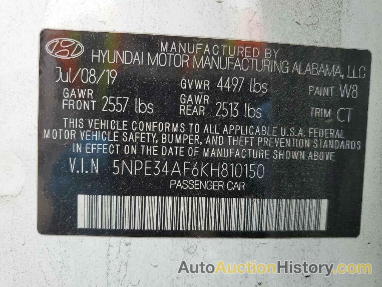 HYUNDAI SONATA LIMITED, 5NPE34AF6KH810150