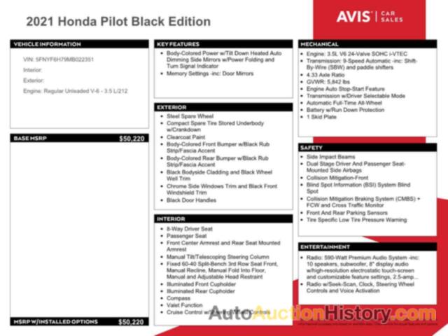 HONDA PILOT BLACK, 5FNYF6H79MB022351