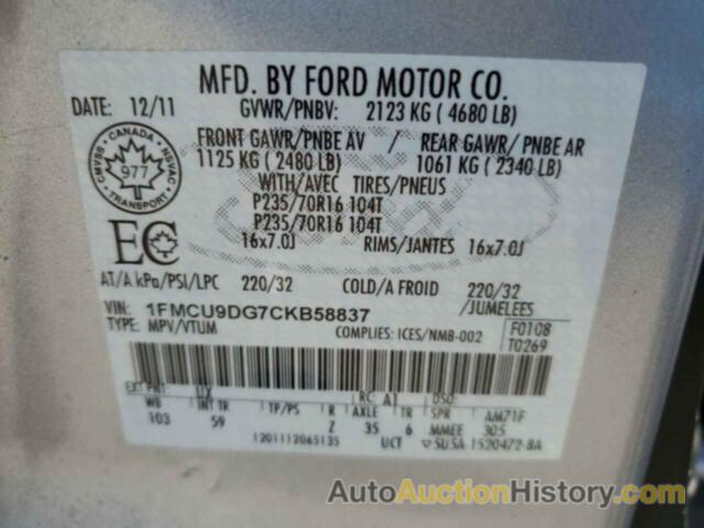 FORD ESCAPE XLT, 1FMCU9DG7CKB58837