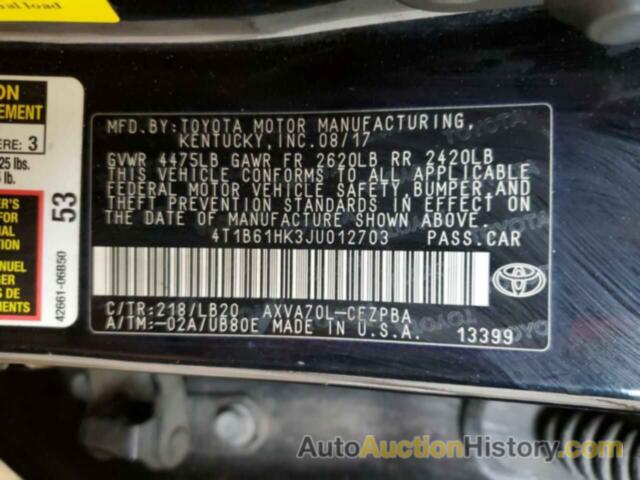 TOYOTA CAMRY XSE, 4T1B61HK3JU012703