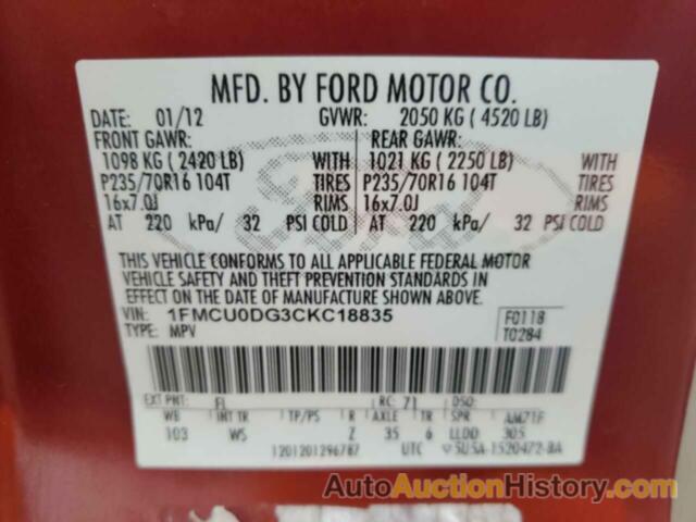 FORD ESCAPE XLT, 1FMCU0DG3CKC18835