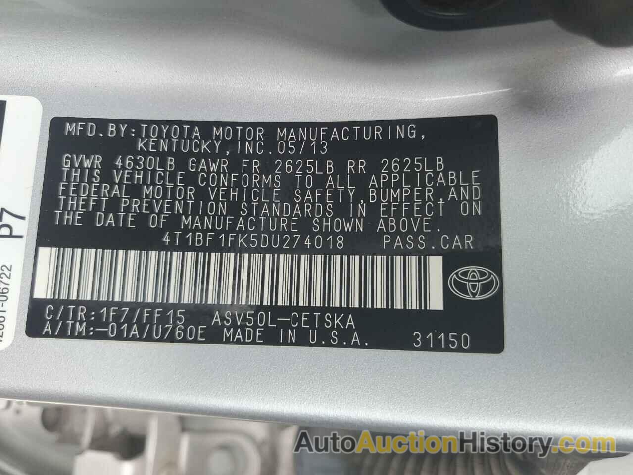 TOYOTA CAMRY L, 4T1BF1FK5DU274018