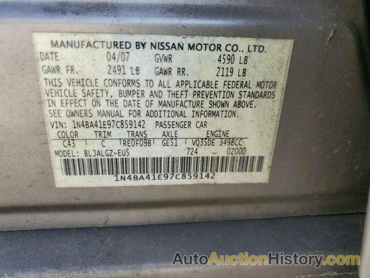 NISSAN MAXIMA SE, 1N4BA41E97C859142