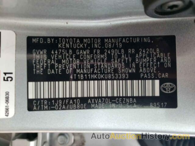 TOYOTA CAMRY L, 4T1B11HK0KU853393