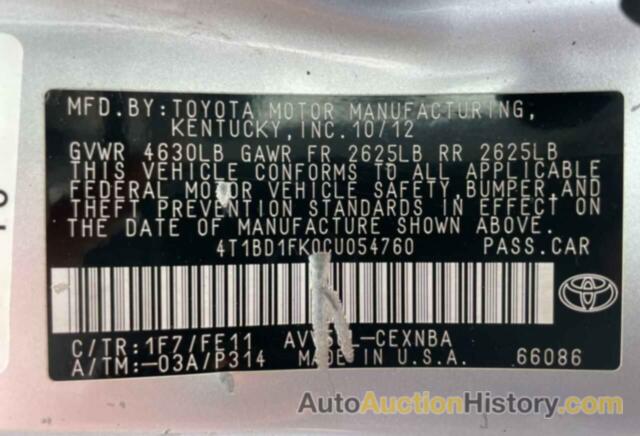 TOYOTA CAMRY HYBRID, 4T1BD1FK0CU054760