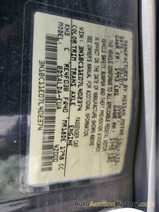 NISSAN VERSA S, 3N1BC11E07L402374