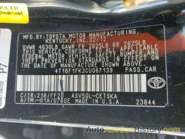 TOYOTA CAMRY BASE, 4T1BF1FK3CU067139