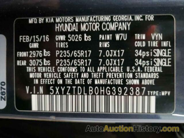 HYUNDAI SANTA FE, 5XYZTDLB0HG392387