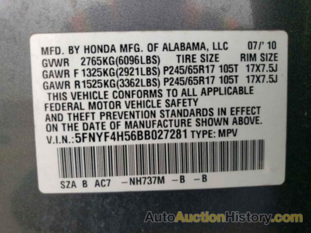 HONDA PILOT EXL, 5FNYF4H56BB027281