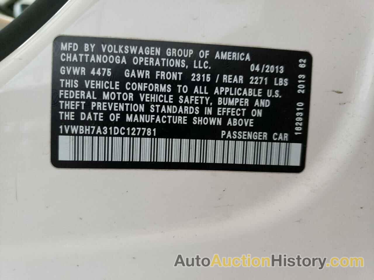 VOLKSWAGEN PASSAT SE, 1VWBH7A31DC127781