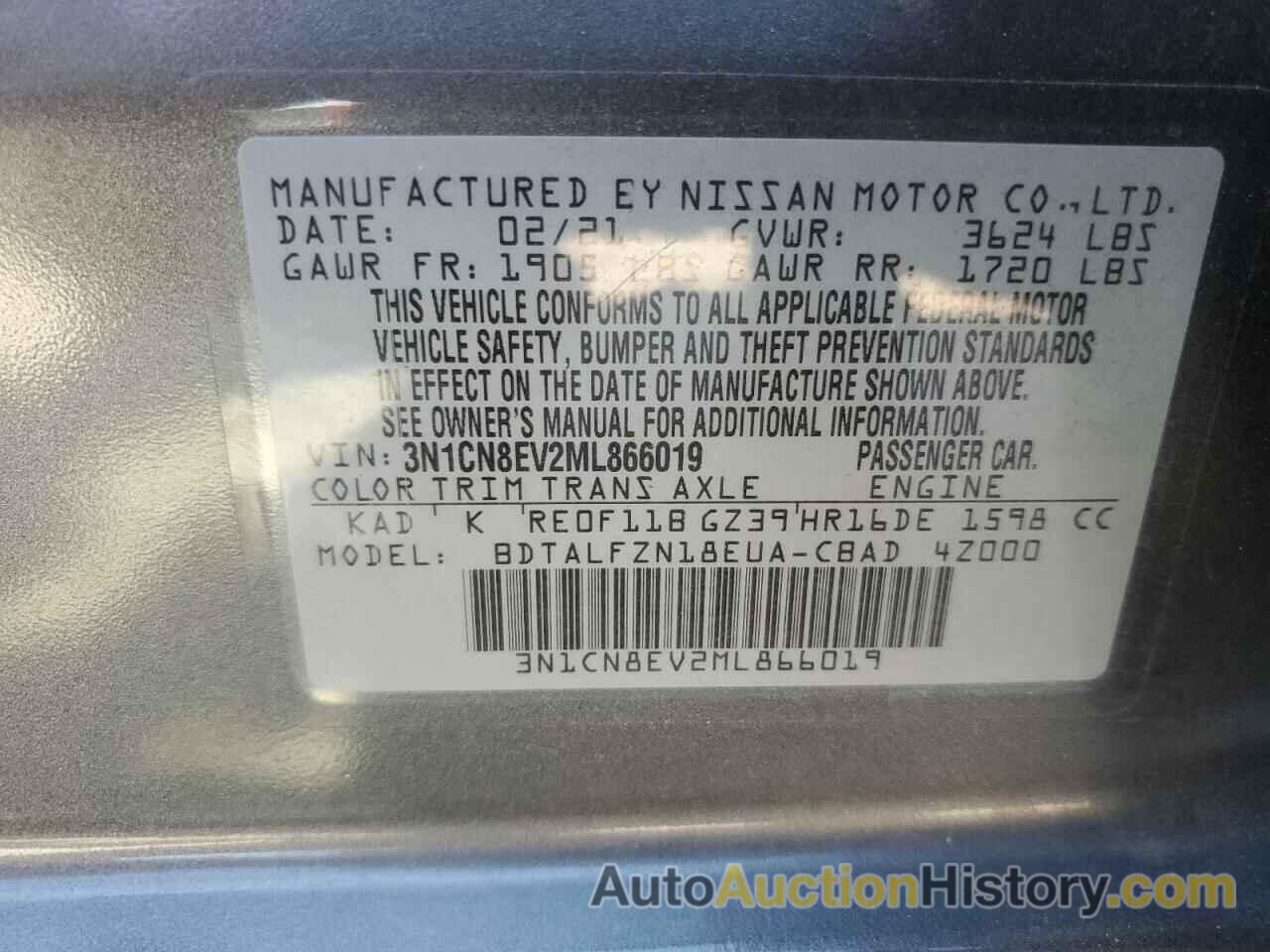 NISSAN VERSA SV, 3N1CN8EV2ML866019