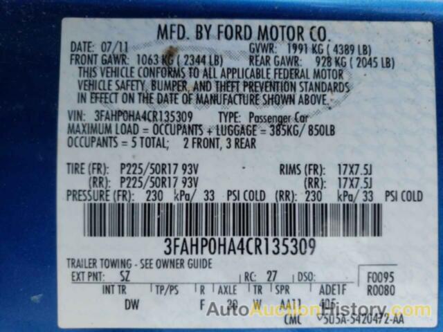 FORD FUSION SE, 3FAHP0HA4CR135309