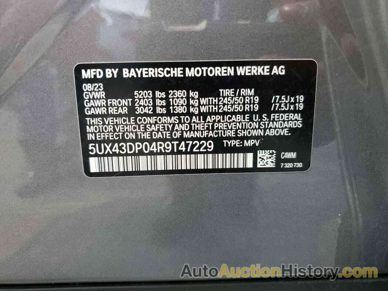 BMW X3 SDRIVE30I, 5UX43DP04R9T47229