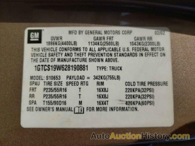 GMC SONOMA, 1GTCS19W628190881