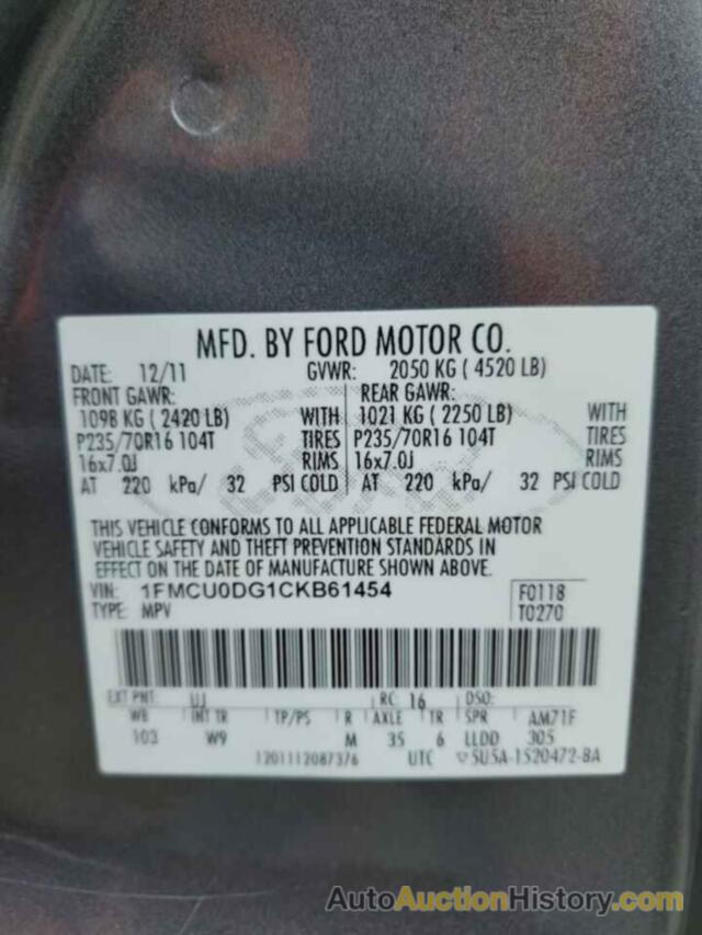 FORD ESCAPE XLT, 1FMCU0DG1CKB61454