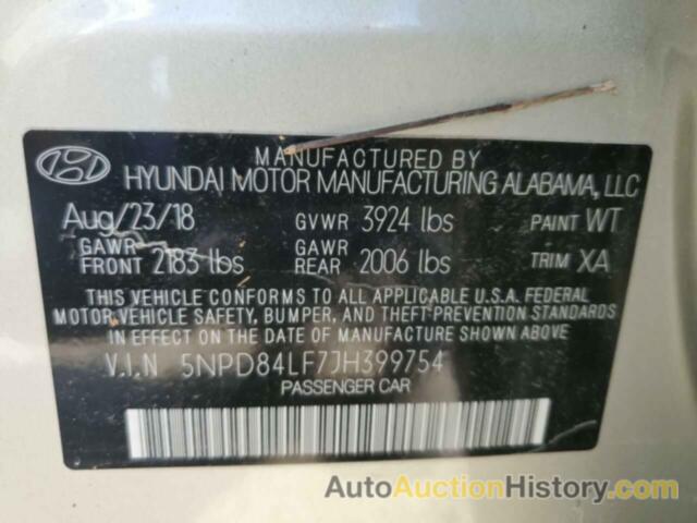 HYUNDAI ELANTRA SEL, 5NPD84LF7JH399754