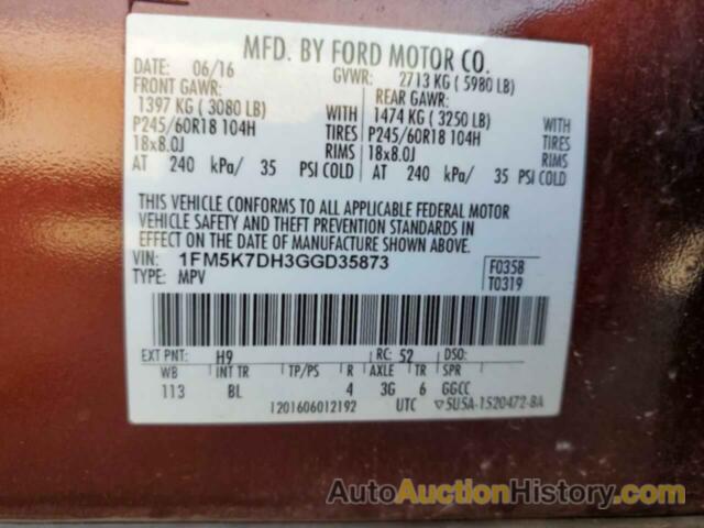 FORD EXPLORER XLT, 1FM5K7DH3GGD35873