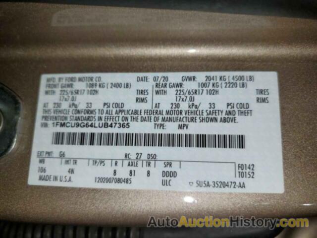 FORD ESCAPE SE, 1FMCU9G64LUB47365