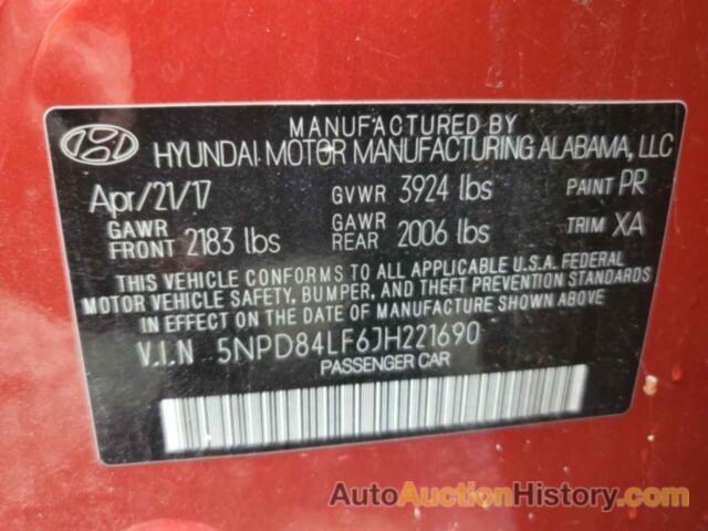 HYUNDAI ELANTRA SEL, 5NPD84LF6JH221690