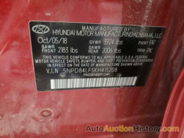 HYUNDAI ELANTRA SEL, 5NPD84LF5KH415208