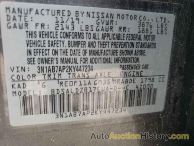 NISSAN SENTRA S, 3N1AB7AP2KY447234