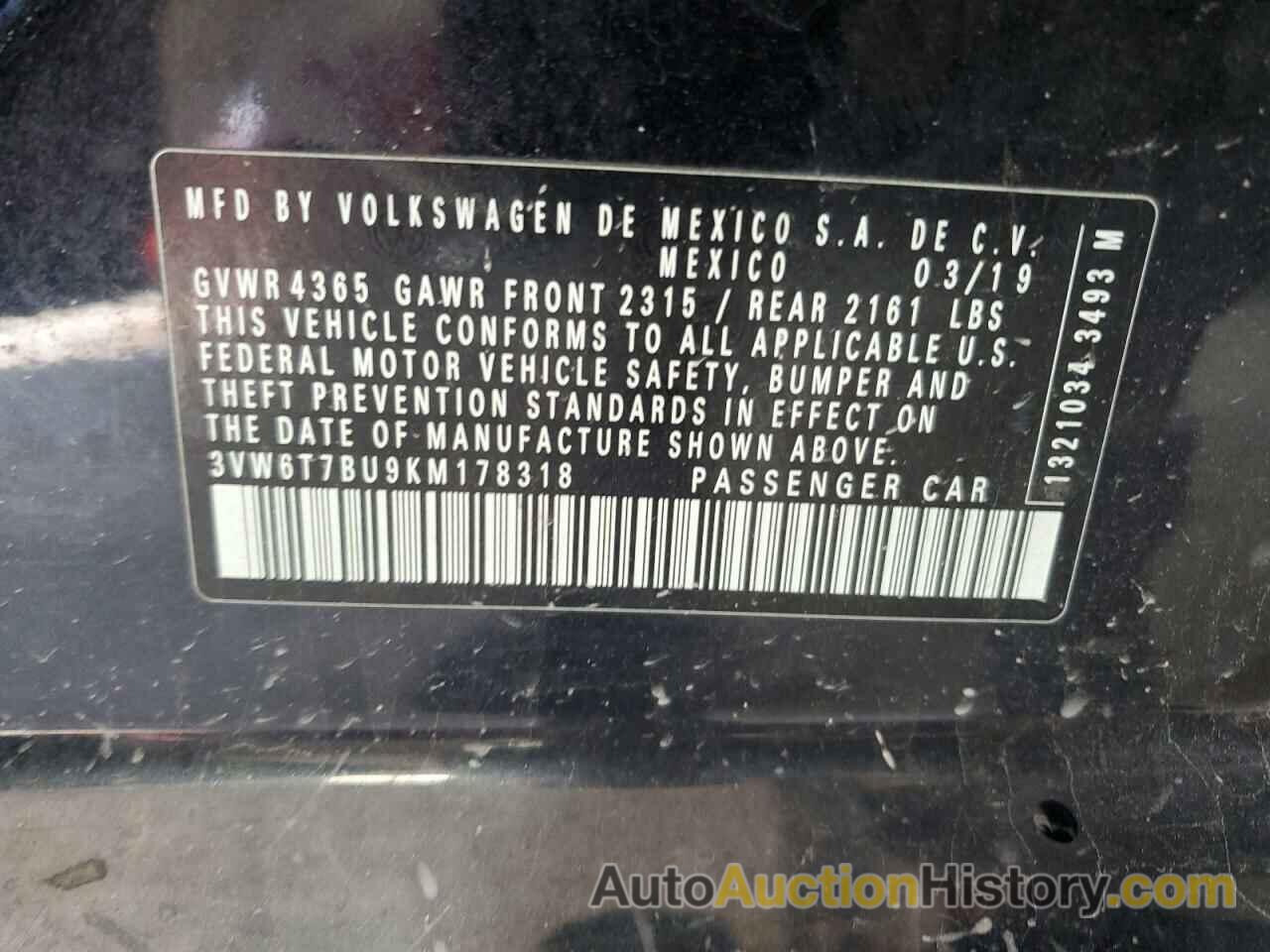 VOLKSWAGEN JETTA GLI, 3VW6T7BU9KM178318