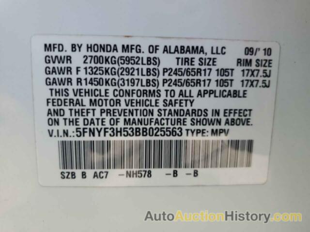 HONDA PILOT EXL, 5FNYF3H53BB025563