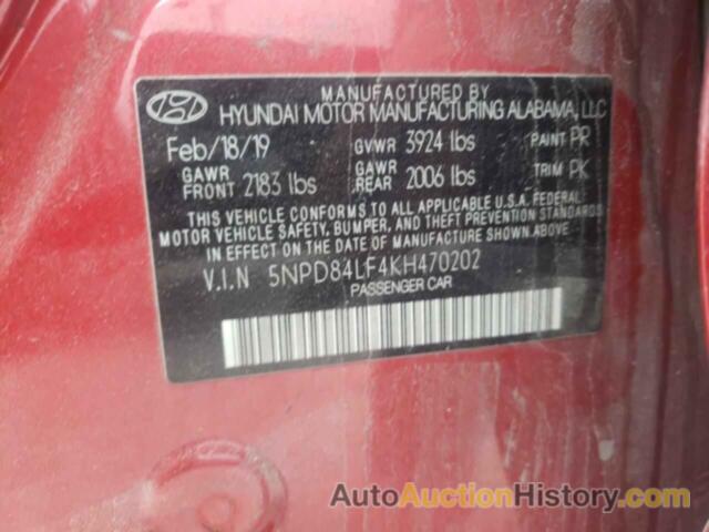 HYUNDAI ELANTRA SEL, 5NPD84LF4KH470202