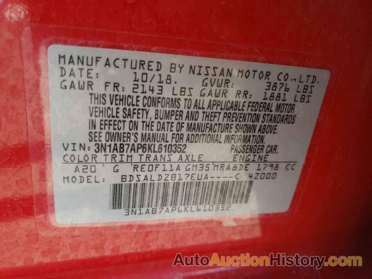 NISSAN SENTRA S, 3N1AB7AP6KL610352