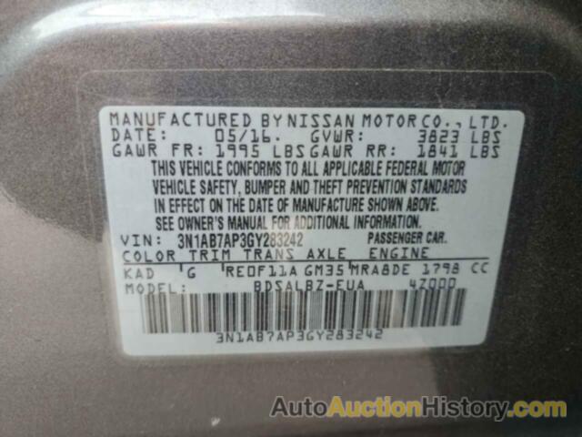 NISSAN SENTRA S, 3N1AB7AP3GY283242