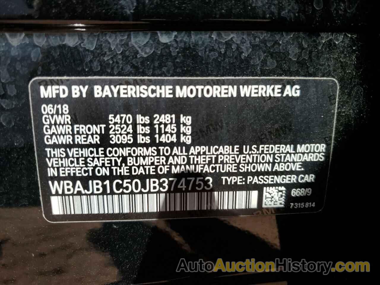 BMW 5 SERIES, WBAJB1C50JB374753