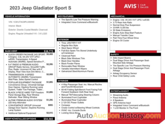 JEEP GLADIATOR SPORT, 1C6HJTAG9PL506990