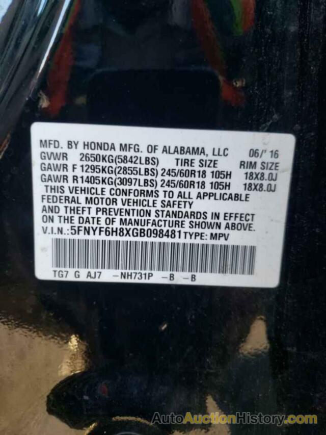 HONDA PILOT EXL, 5FNYF6H8XGB098481