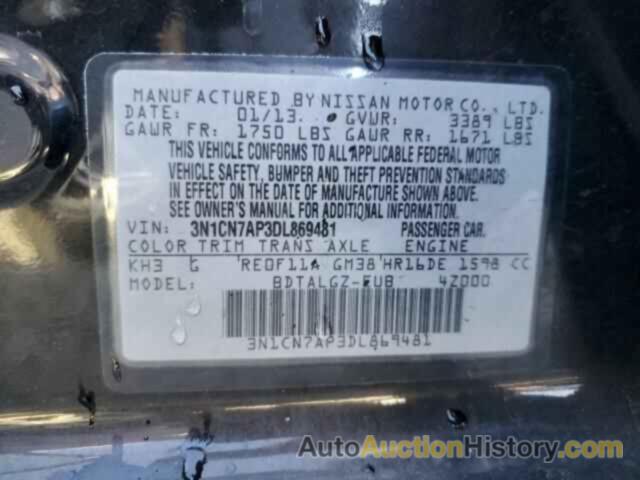 NISSAN VERSA S, 3N1CN7AP3DL869481