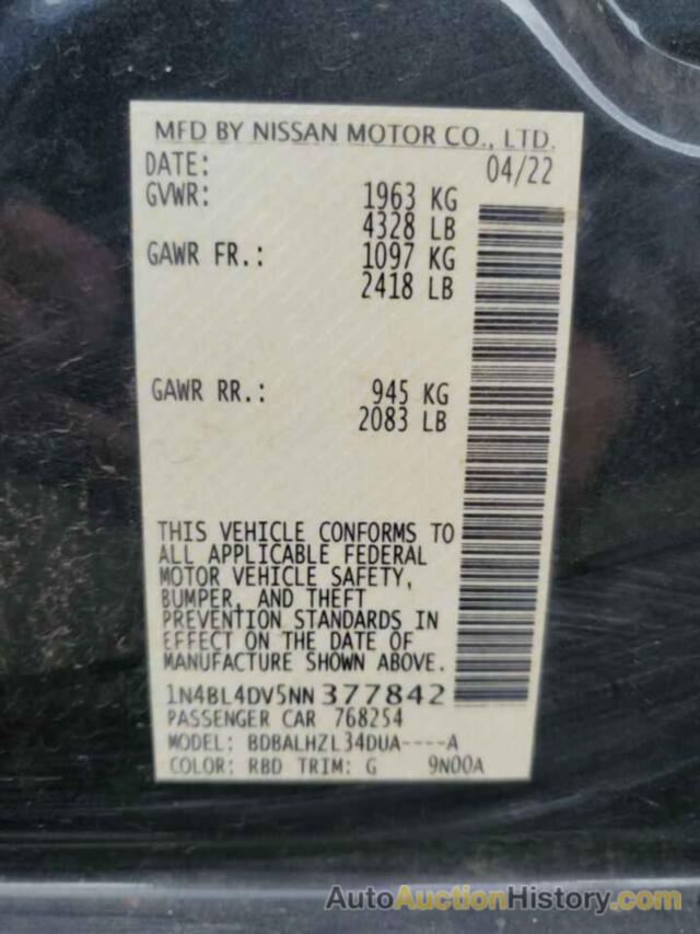 NISSAN ALTIMA SV, 1N4BL4DV5NN377842