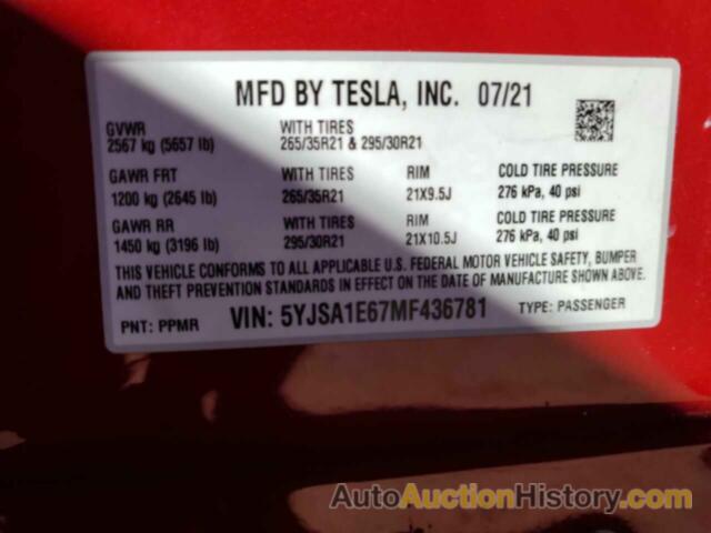 TESLA MODEL S, 5YJSA1E67MF436781