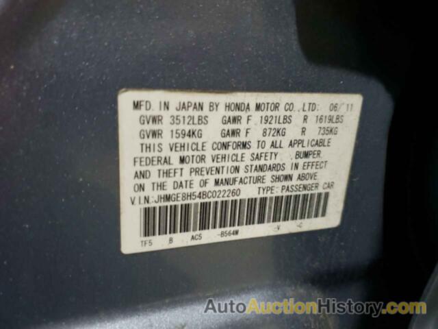 HONDA FIT SPORT, JHMGE8H54BC022260