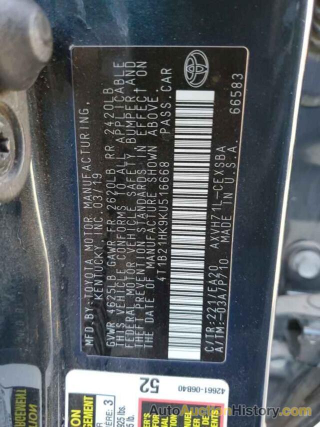 TOYOTA CAMRY HYBRID, 4T1B21HK9KU516668