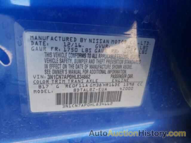 NISSAN VERSA S, 3N1CN7AP0HL834662