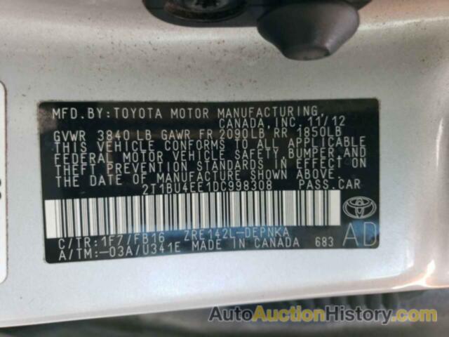 TOYOTA COROLLA BASE, 2T1BU4EE1DC998308