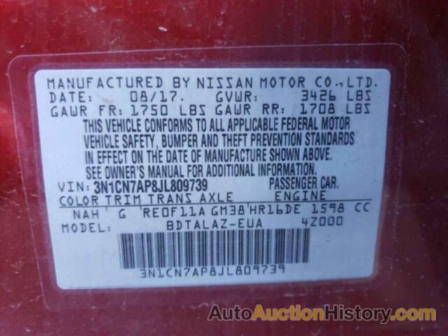 NISSAN VERSA S, 3N1CN7AP8JL809739