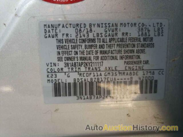 NISSAN SENTRA S, 3N1AB7AP2KY211117