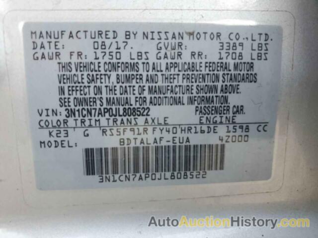 NISSAN VERSA S, 3N1CN7AP0JL808522