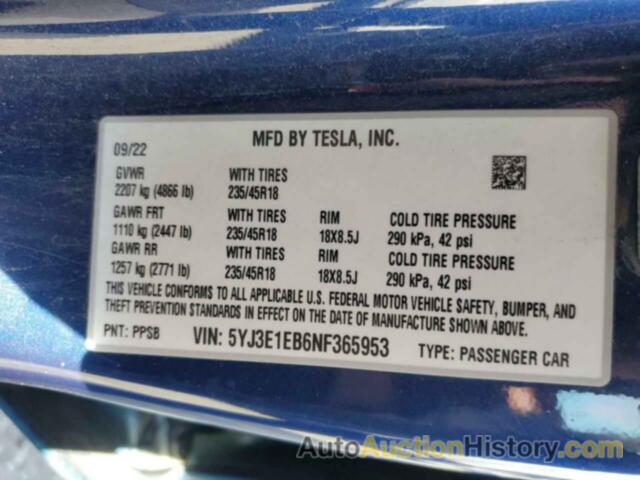 TESLA MODEL 3, 5YJ3E1EB6NF365953