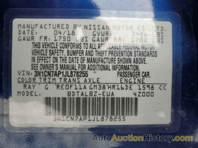 NISSAN VERSA S, 3N1CN7AP1JL878255