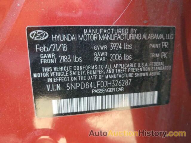 HYUNDAI ELANTRA SEL, 5NPD84LF0JH326287