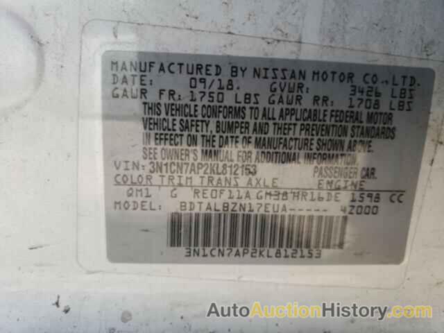 NISSAN VERSA S, 3N1CN7AP2KL812153