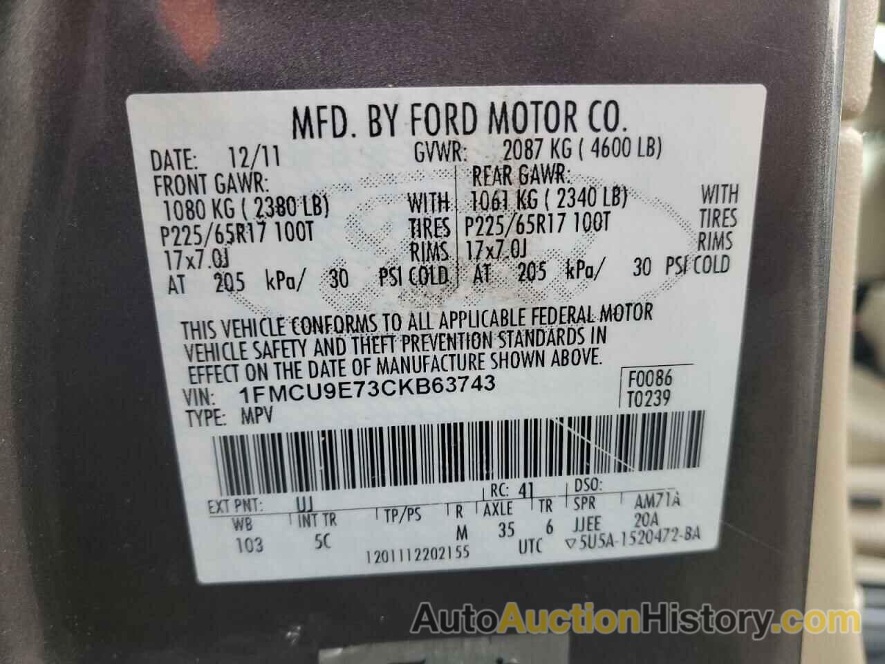 FORD ESCAPE LIMITED, 1FMCU9E73CKB63743