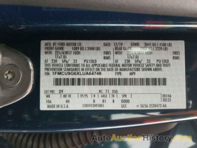 FORD ESCAPE SE, 1FMCU9G6XLUA64748